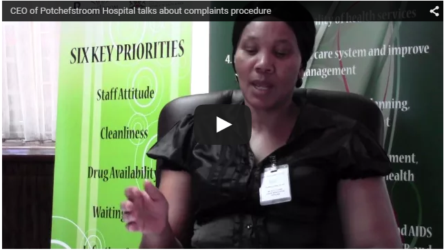 The CEO of the Potchefstroom Hospital, Ms. Gloria Tlhapi talks about complaints procedure. She explains what route to follow if you have a complaint also she goes into detail about how complaints are dealt with at the hospital.