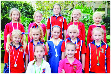 Leerders van Laerskool Bailliepark wat deelgeneem het aan die ritmiese gimnastiek by die SAGF kampioenskappe in Centurion. Voor: Nichelle Alberts en Megan Buys. Middel: Janice Senekal, Katelyn Smit, Angelica Loyson, Mia Beukman en Sumé Cromhout. Agter: Zalike Pienaar, Meghan Kleynveld, Megan Muller, Martinique Grobler en Liza Naudé.