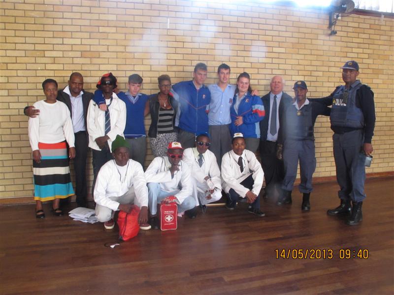 The Primrose police and representatives from Sanca recently visited Primrose High School to talk to the children about substance abuse. Phumelele Buthelezi (back, left) and Achford Waini (back, second from left), Arrie Olivier (principal, back third from right), Const Grandish Makgabo (back, second from right) and Lieut-Col Frans Lepasima (back, right) pose with some of the students and members of the Primrose SAPS Youth Desk.